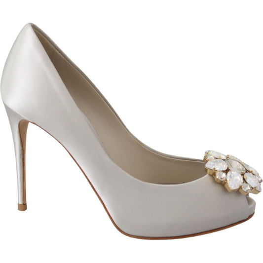 Dolce & Gabbana White Crystal Peep Toe Silk Blend Heels Dolce & Gabbana