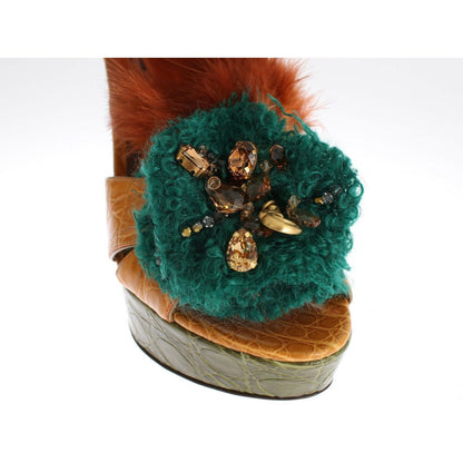 Dolce & Gabbana Orange Leather Crystal Platform Sandal Shoes