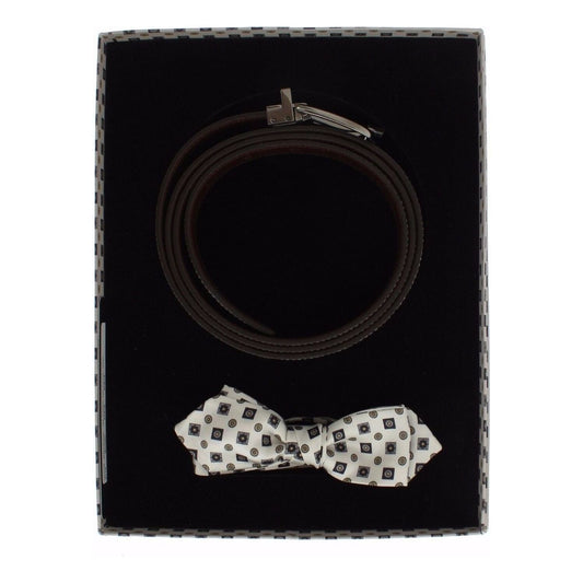 Dolce & Gabbana White Silk Bowtie Leather Men Belt Gift Box