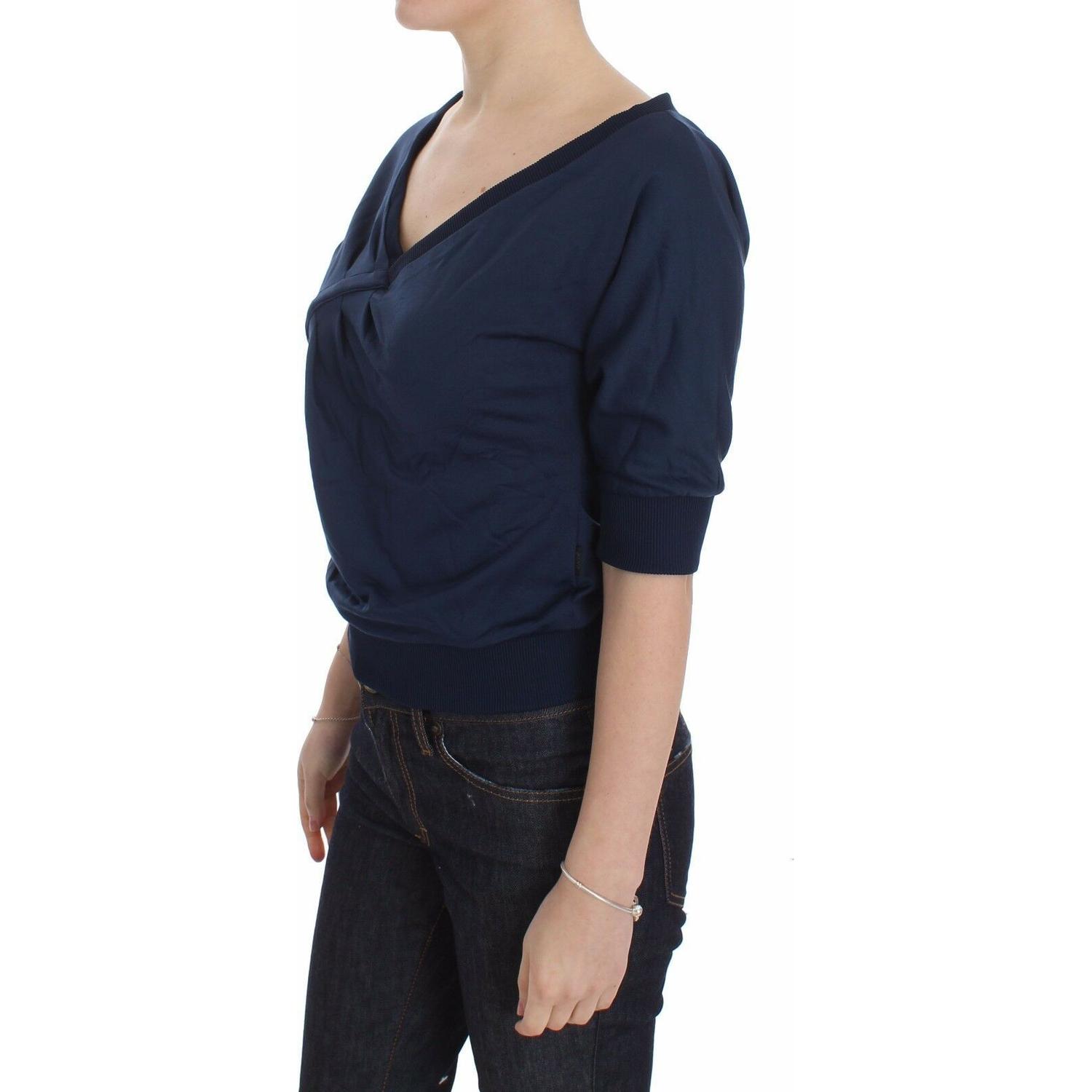 Exte Blue Cotton Top Pullover Deep V-neck Women Sweater
