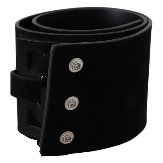 GF Ferre Elegant Black Leather Wide Belt with Silver Tone Buckle Belt GF Ferre