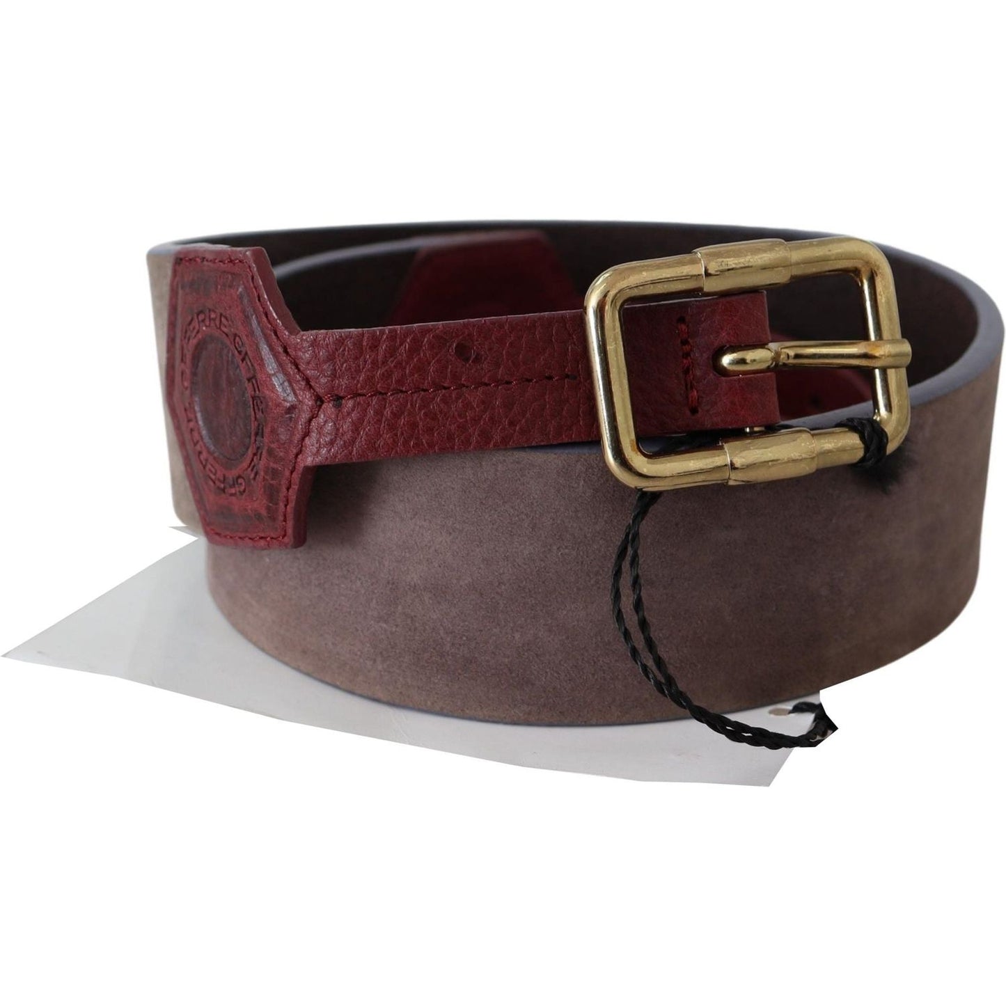 GF Ferre Brown Leather Wide Gold Chrome Logo Buckle Belt