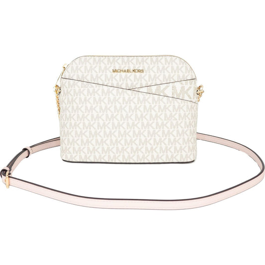 Michael Kors Jet Set Travel Medium Leather X Cross Dome Crossbody Handbag (Vanilla Signature/Powder Blush) Michael Kors