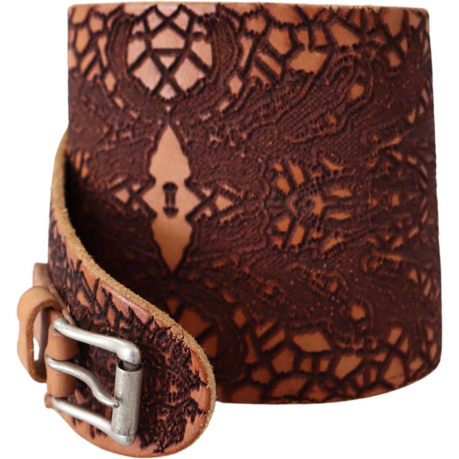 Scervino Street Brown Wide Leather Embroidered Design Logo Belt
