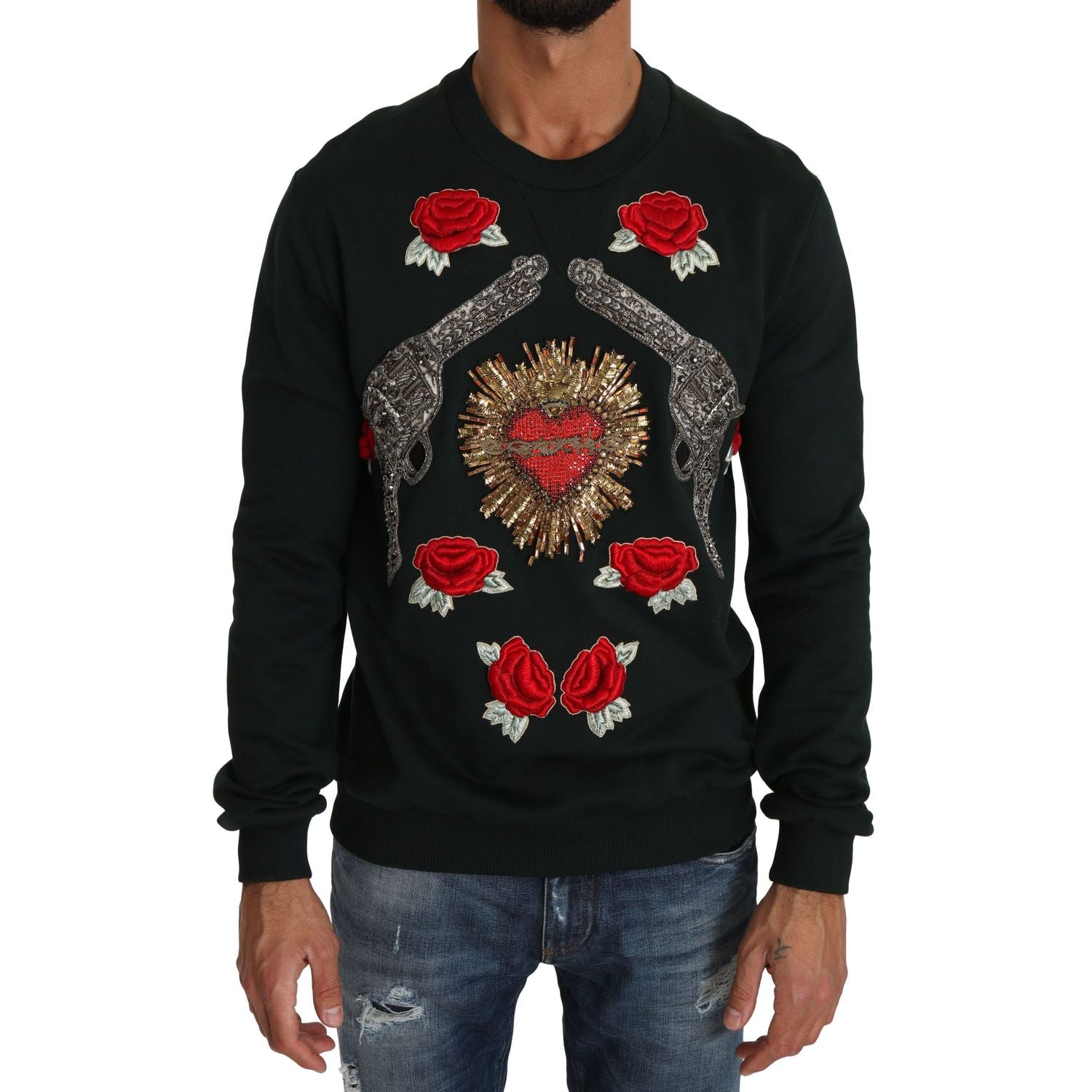 Dolce & Gabbana Green Crystal Heart Roses Gun Sweater