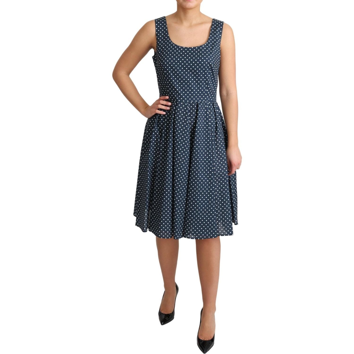 Dolce & Gabbana Blue Dotted Cotton A-Line Gown Dress