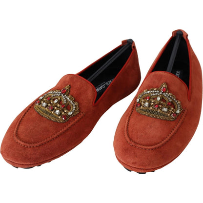 Dolce & Gabbana Orange Leather Crystal Crown Loafers Shoes