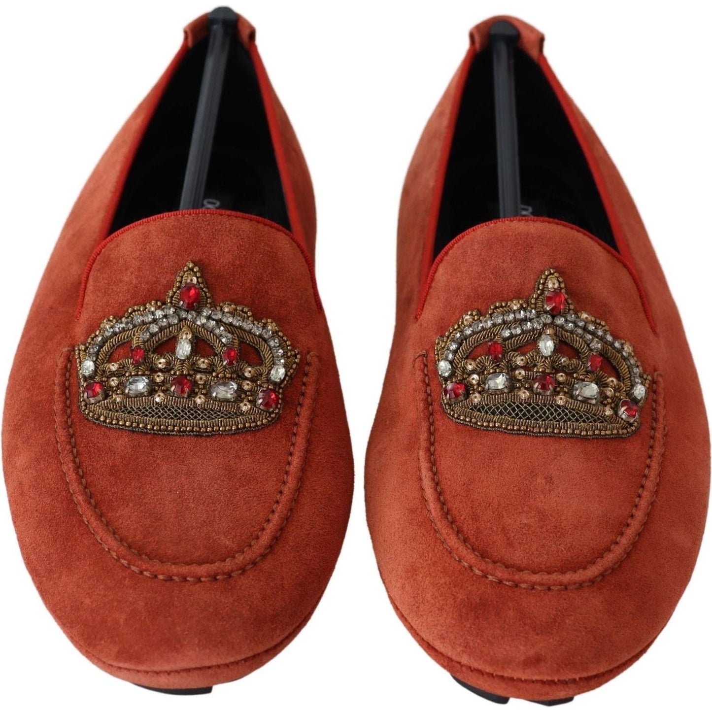 Dolce & Gabbana Orange Leather Crystal Crown Loafers Shoes