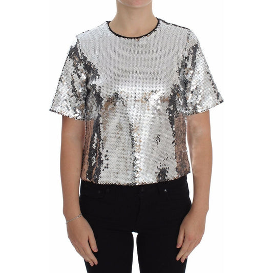 Dolce & Gabbana Silver Sequined Crewneck Blouse T-shirt Top