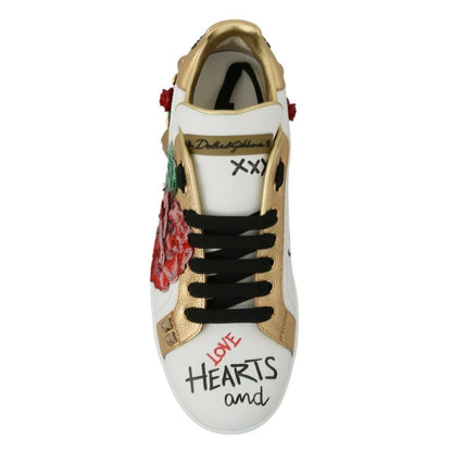 Dolce & Gabbana White Roses Sequined Crystal Womens Sneakers Shoes