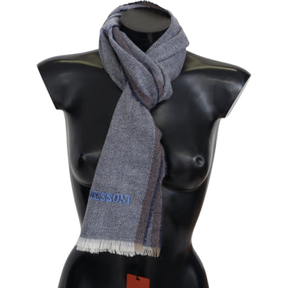 Missoni Gray Striped Wool Unisex Neck Wrap Fringes Scarf