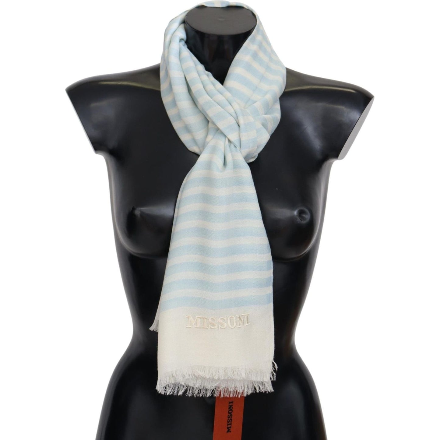 Missoni Blue White Lined Cashmere Unisex Wrap Scarf