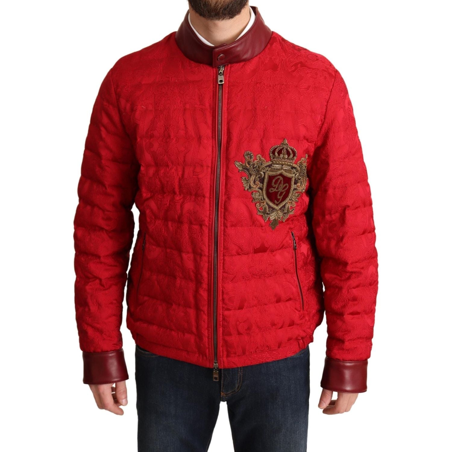 Dolce & Gabbana Red Brocade Bomber Gold Crown Logo Coat Jacket