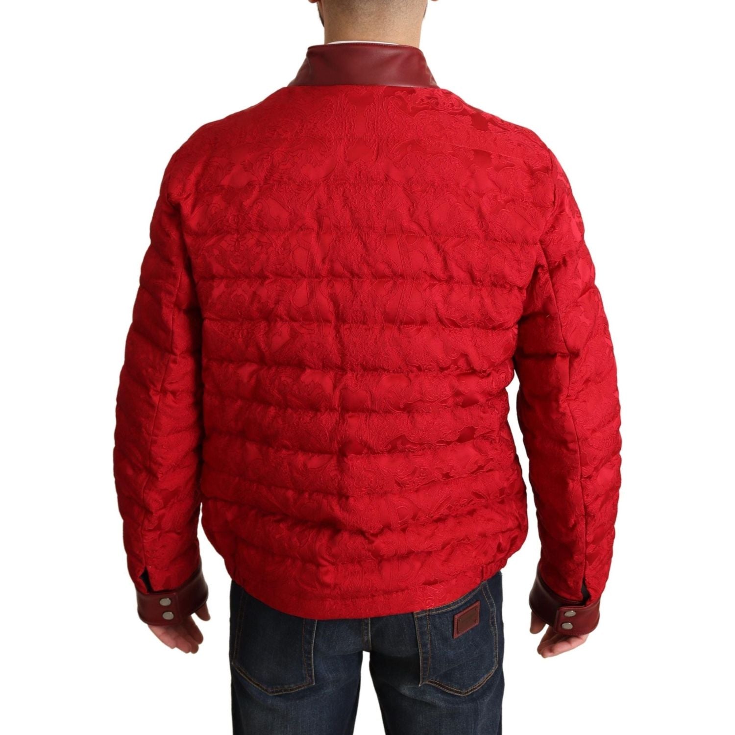 Dolce & Gabbana Red Brocade Bomber Gold Crown Logo Coat Jacket