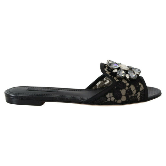Dolce & Gabbana Black Taormina Lace Slides Crystals Flats Shoes