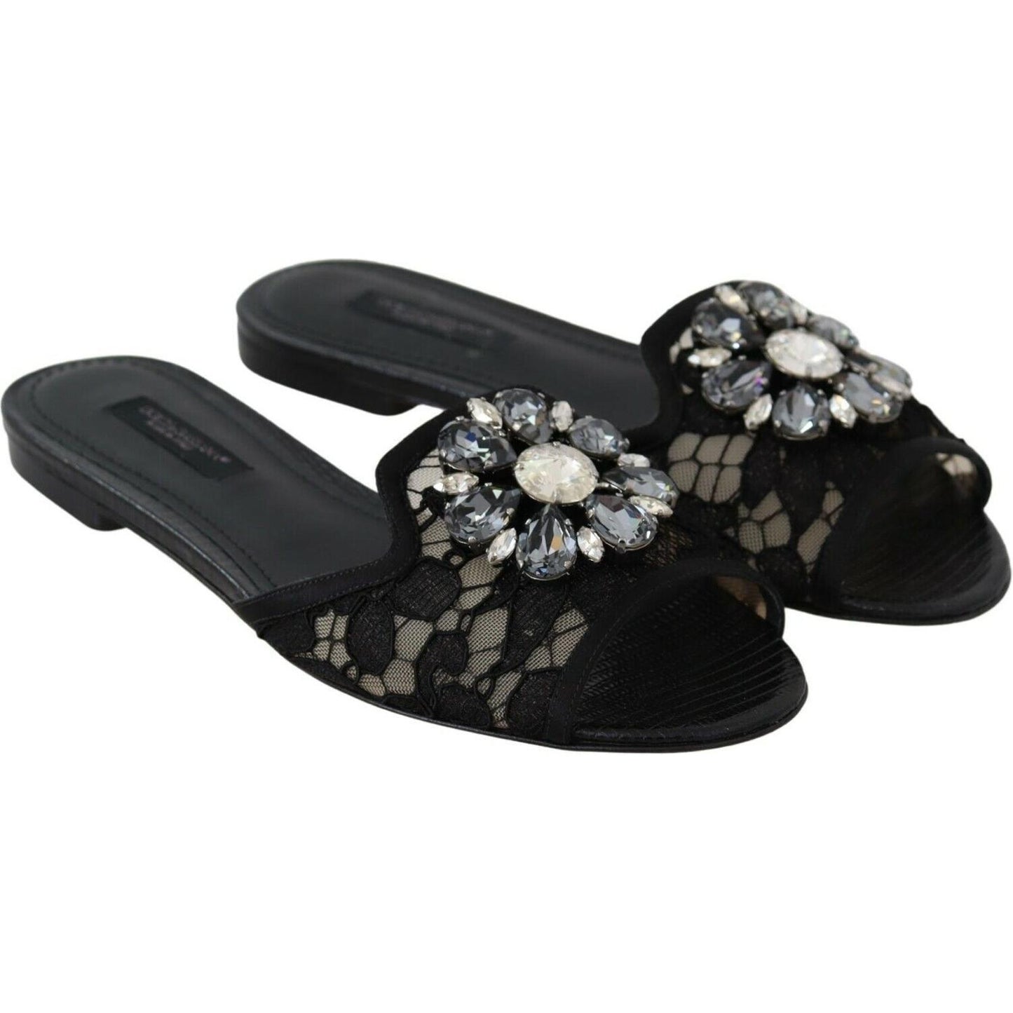 Dolce & Gabbana Elegant Black Lace Mules with Jewel Flower Detail Dolce & Gabbana