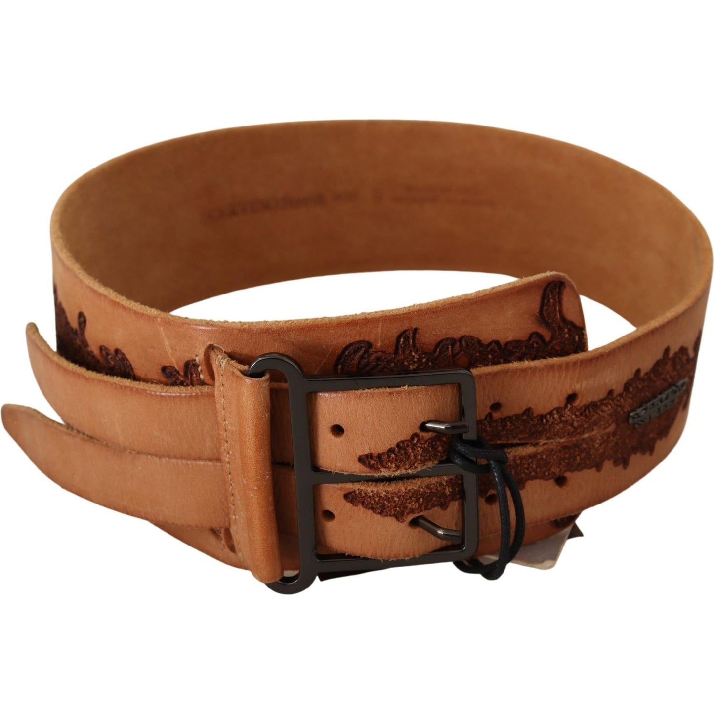 Scervino Street Brown Genuine Leather Black Logo Buckle Belt