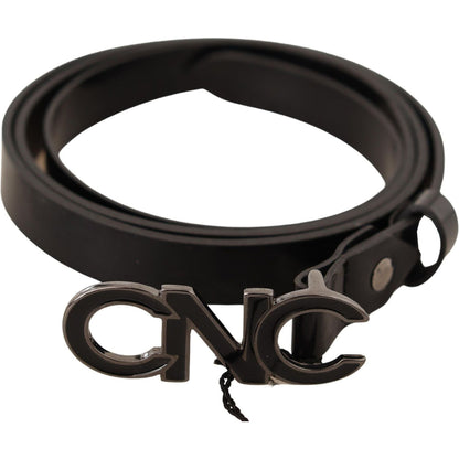 Costume National Black Leather Letter Logo Buckle Belt