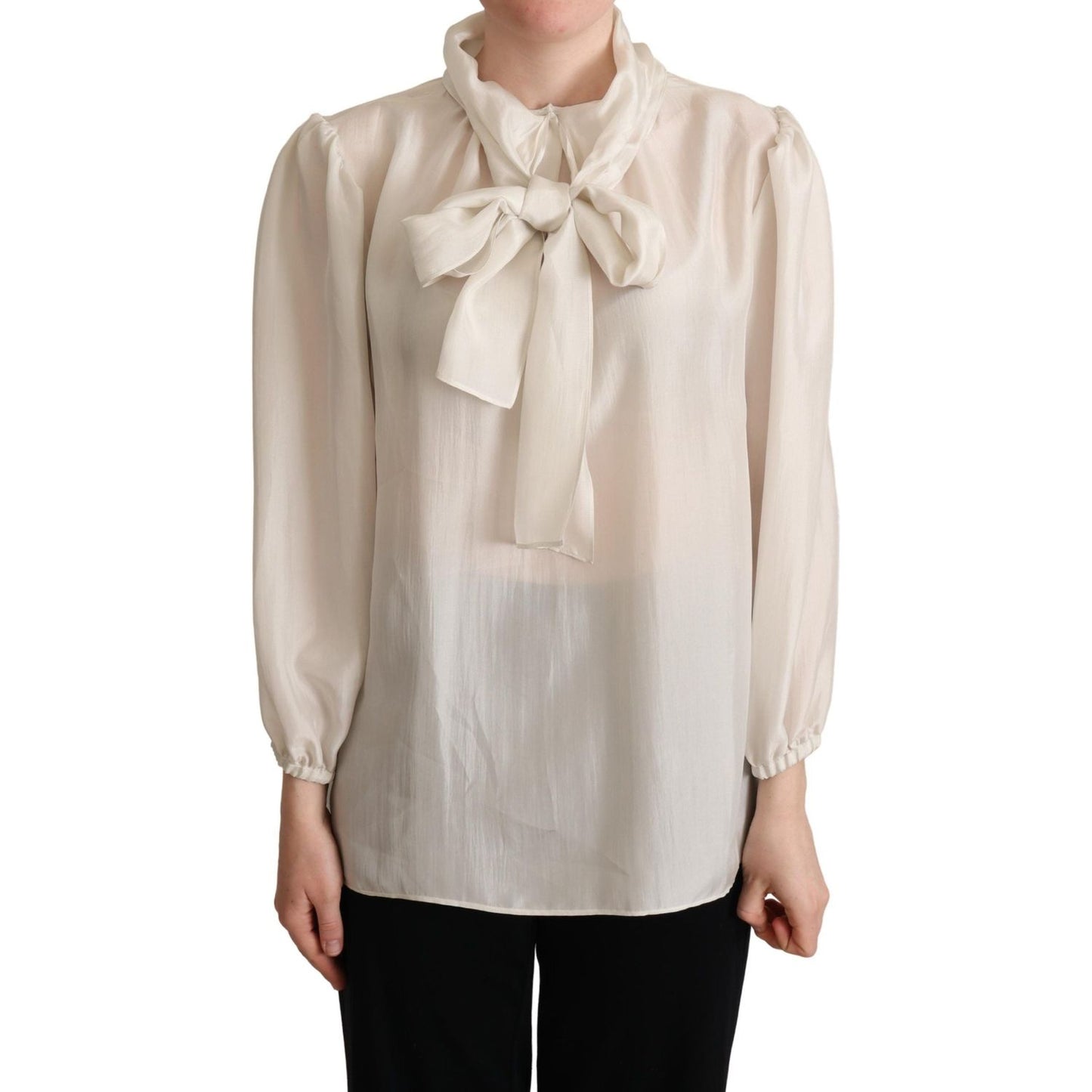 Dolce & Gabbana Elegant Light Gray Silk Ascot Blouse Dolce & Gabbana