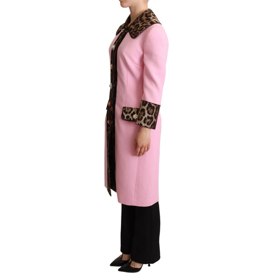 Chic Pink Leopard Trench with Crystal Buttons