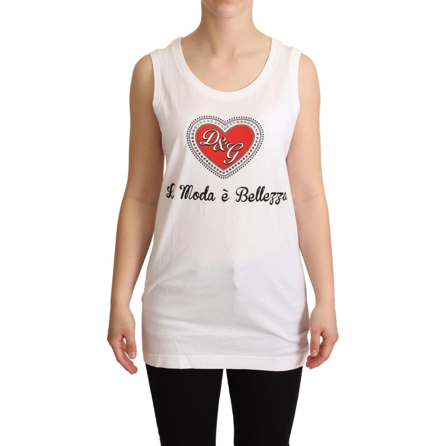 Dolce & Gabbana Crystal Embellished Heart White Sleeveless Tee Dolce & Gabbana