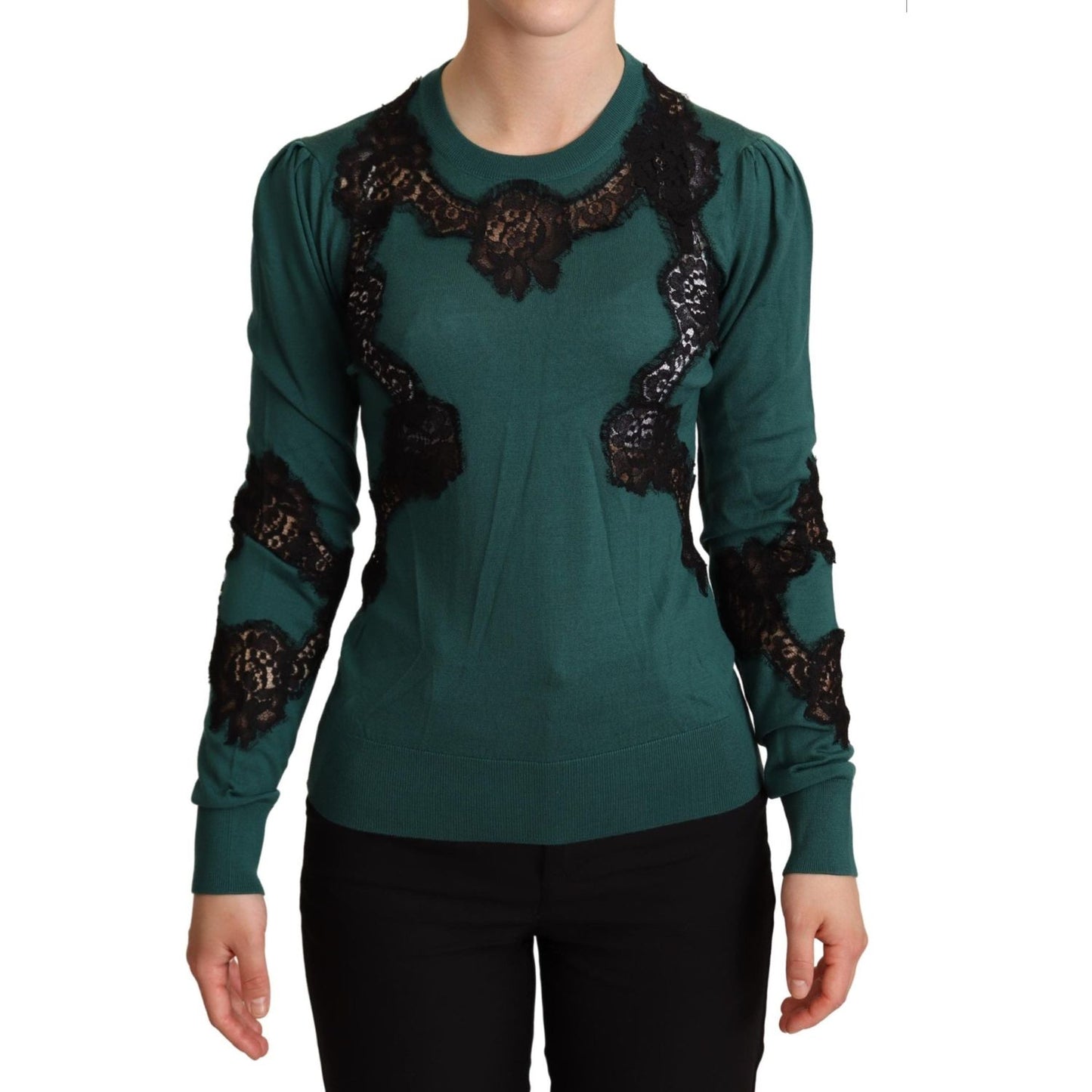 Dolce & Gabbana Elegant Green Pullover with Black Lace Detail Dolce & Gabbana