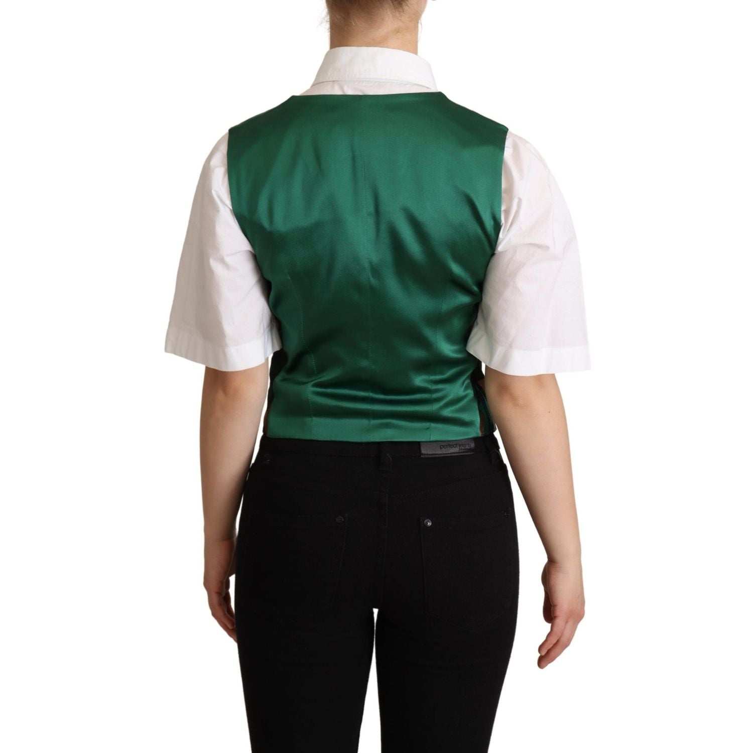 Dolce & Gabbana Green Jacquard Leaf Gold Waistcoat Vest
