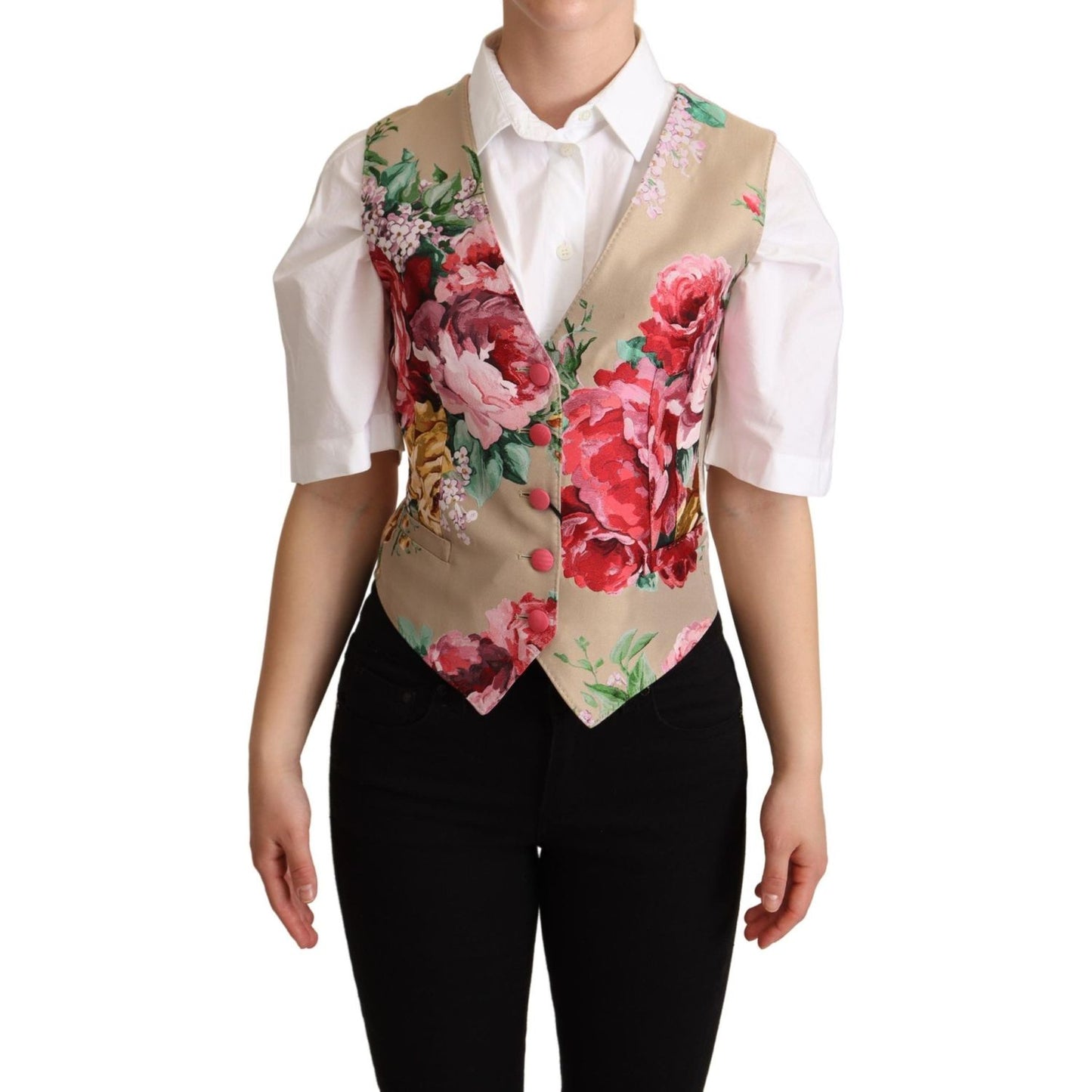 Dolce & Gabbana Elegant Floral Beige Sleeveless Vest Dolce & Gabbana