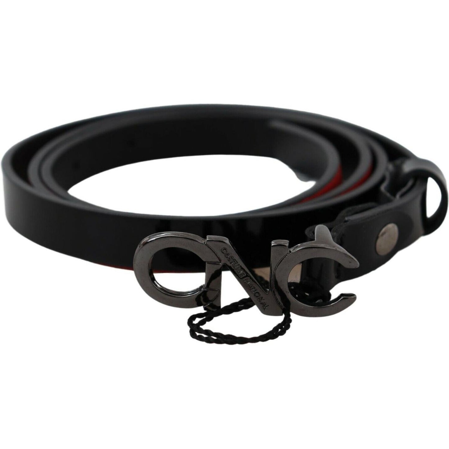 Costume National Black Skinny Leather Logo Buckle Belt