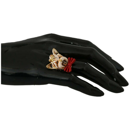 Dolce & Gabbana Gold Brass Resin Beige Dog Pet Branded Accessory Ring