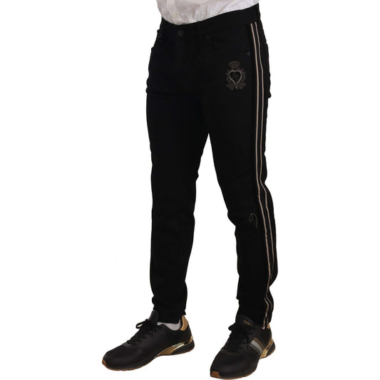 Dolce & Gabbana Heraldic Embroidered Slim Fit Black Jeans Jeans & Pants Dolce & Gabbana