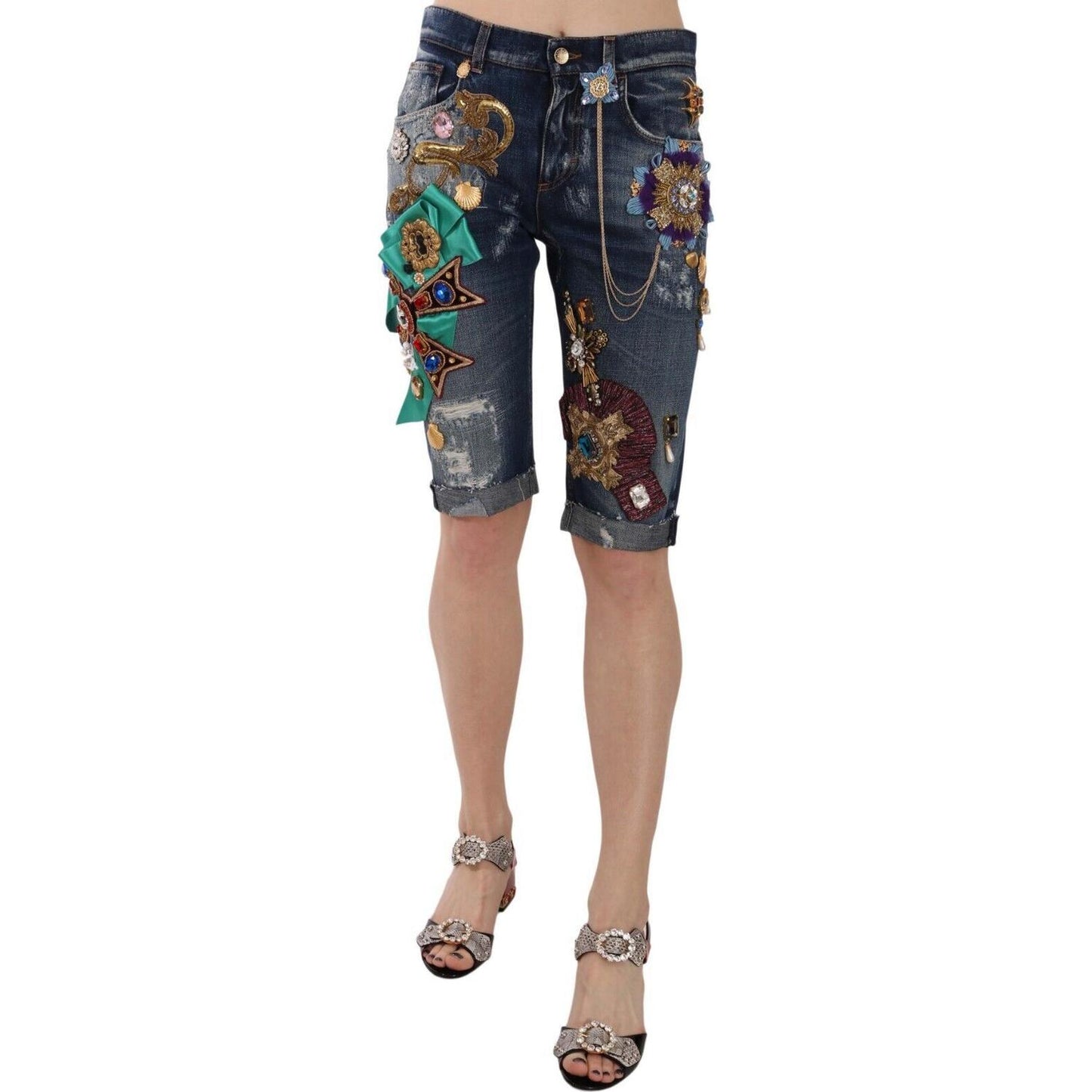 Dolce & Gabbana Elegant Knee-Length Embellished Denim Shorts Shorts Dolce & Gabbana