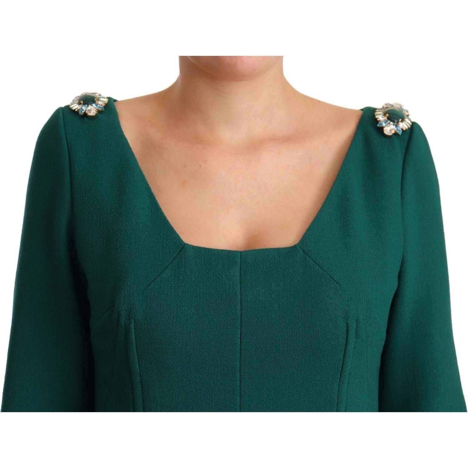 Dolce & Gabbana Emerald Green Midi Sheath Dress with Crystal Brooch