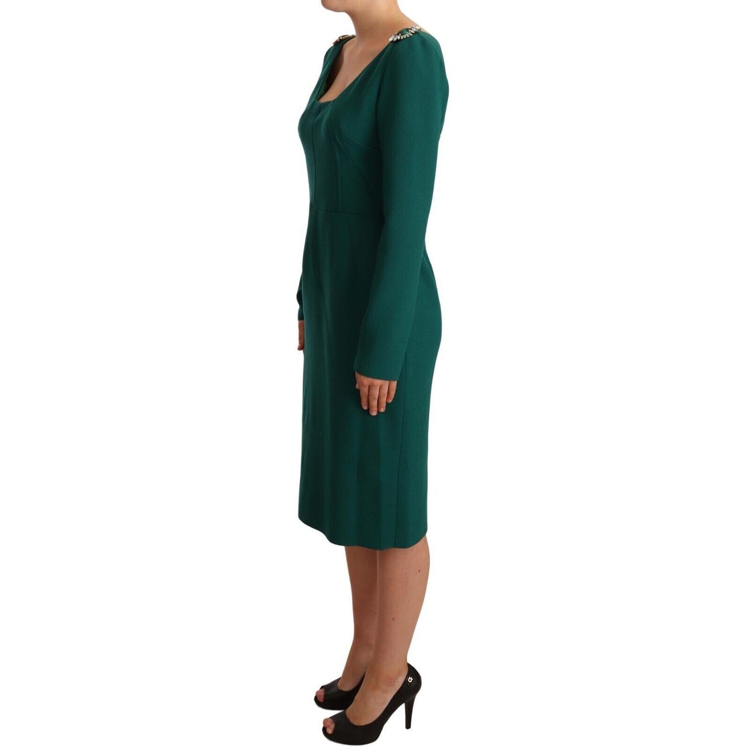 Dolce & Gabbana Emerald Green Midi Sheath Dress with Crystal Brooch