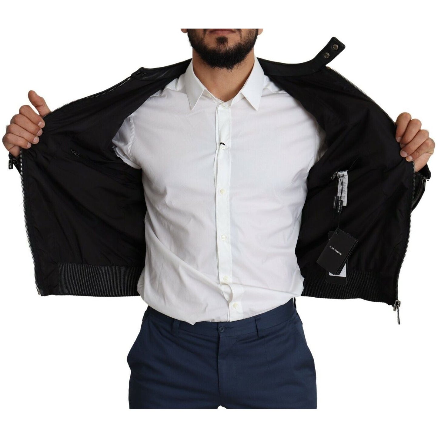 Dolce & Gabbana Elegant Black Bomber with Leather Accents MAN COATS & JACKETS Dolce & Gabbana