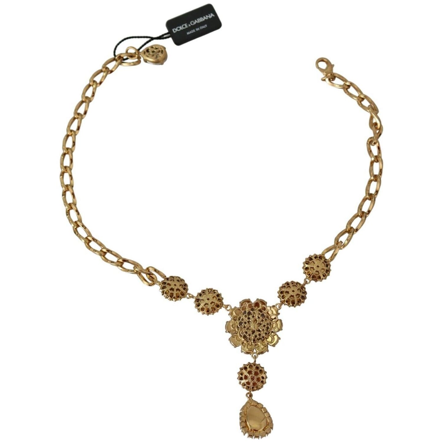 Dolce & Gabbana Elegant Gold Crystal Floral Charm Necklace WOMAN NECKLACE Dolce & Gabbana