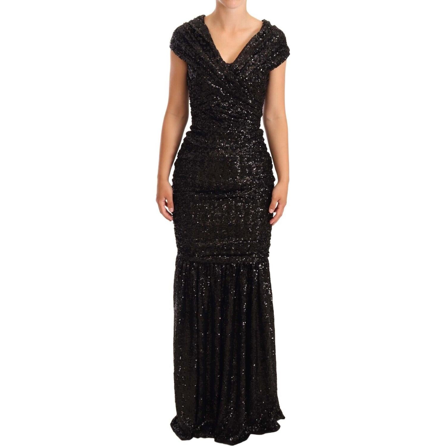 Dolce & Gabbana Black Sequined Open Shoulder Long Gown Dress