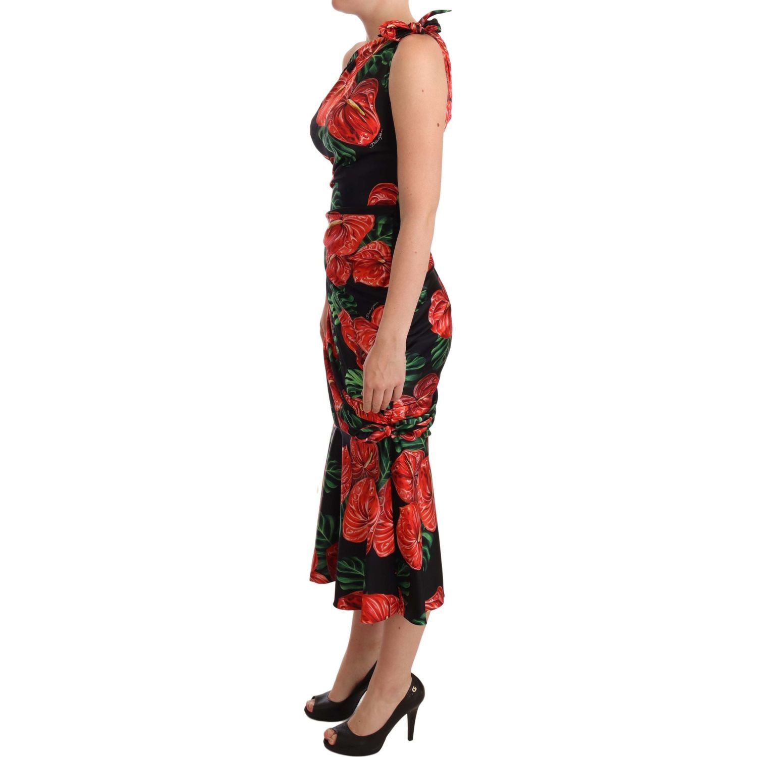 Dolce & Gabbana Black Shiny Silk Floral Print Draped Dress