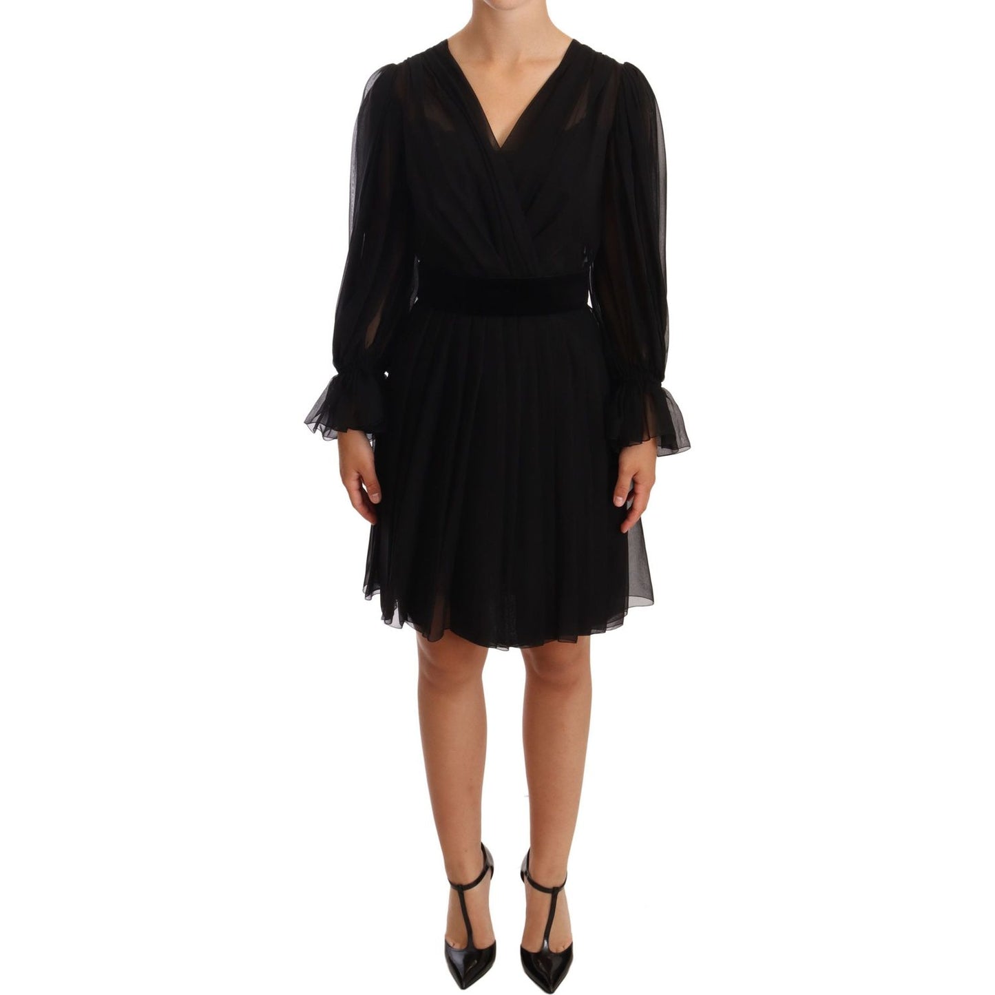 Dolce & Gabbana Black Mesh Pleated Mini Silk Stretch Dress