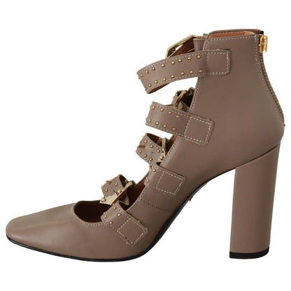 MY TWIN Brown Leather Block Heels Multi Buckle Pumps Shoes