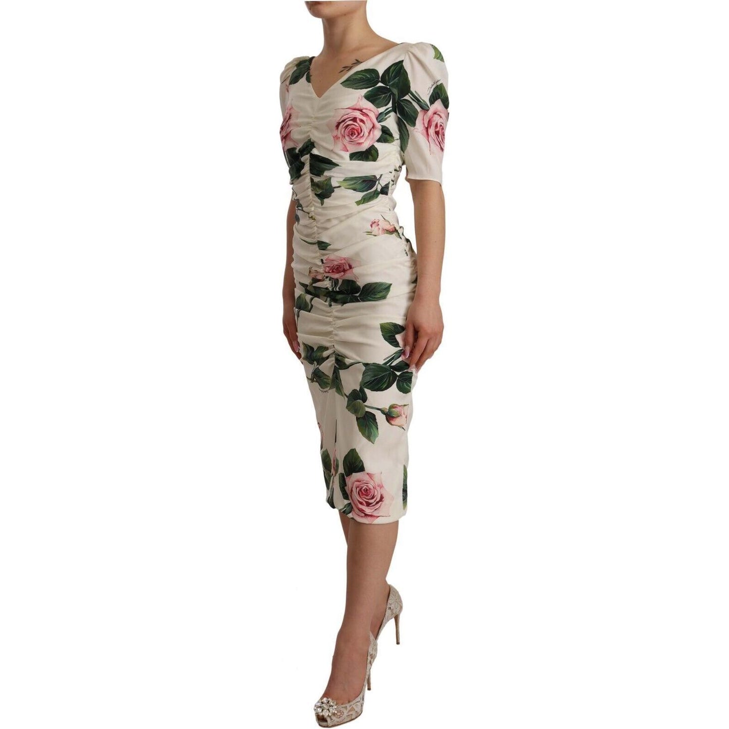 Dolce & Gabbana White Roses Print Stretch Silk Pleated Dress