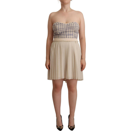 Guess Beige Checkered Pleated A-line Strapless Bustier Dress