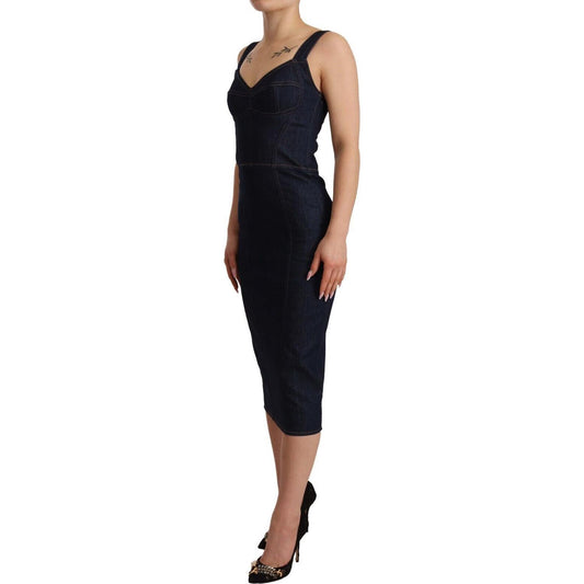 Elegant Dark Blue Denim Sheath Midi Dress