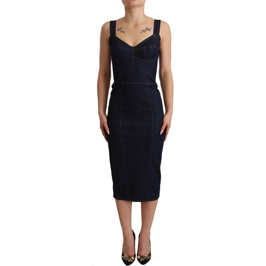 Elegant Dark Blue Denim Sheath Midi Dress