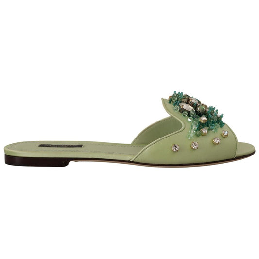 Dolce & Gabbana Elegant Crystal-Embellished Green Leather Slides Dolce & Gabbana