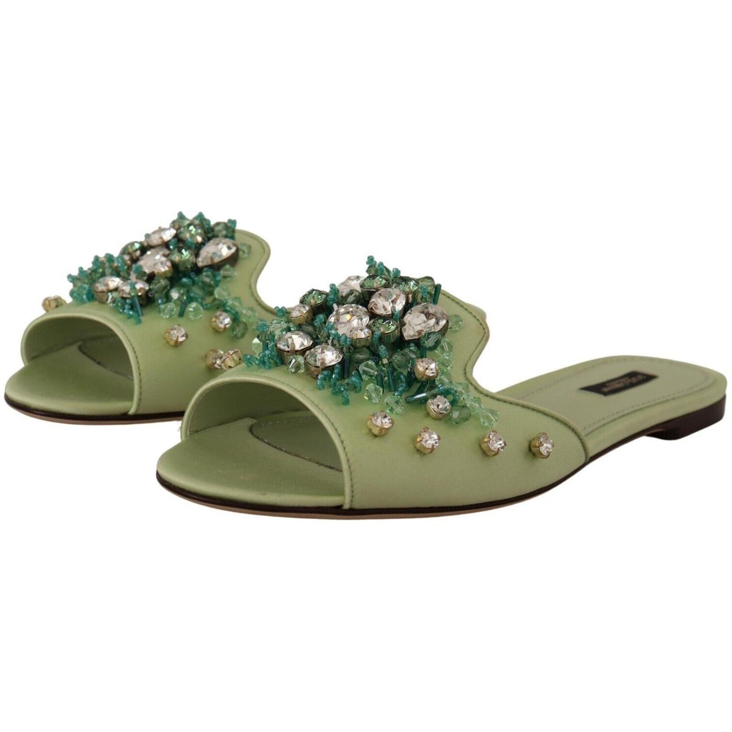 Dolce & Gabbana Elegant Crystal-Embellished Green Leather Slides Dolce & Gabbana