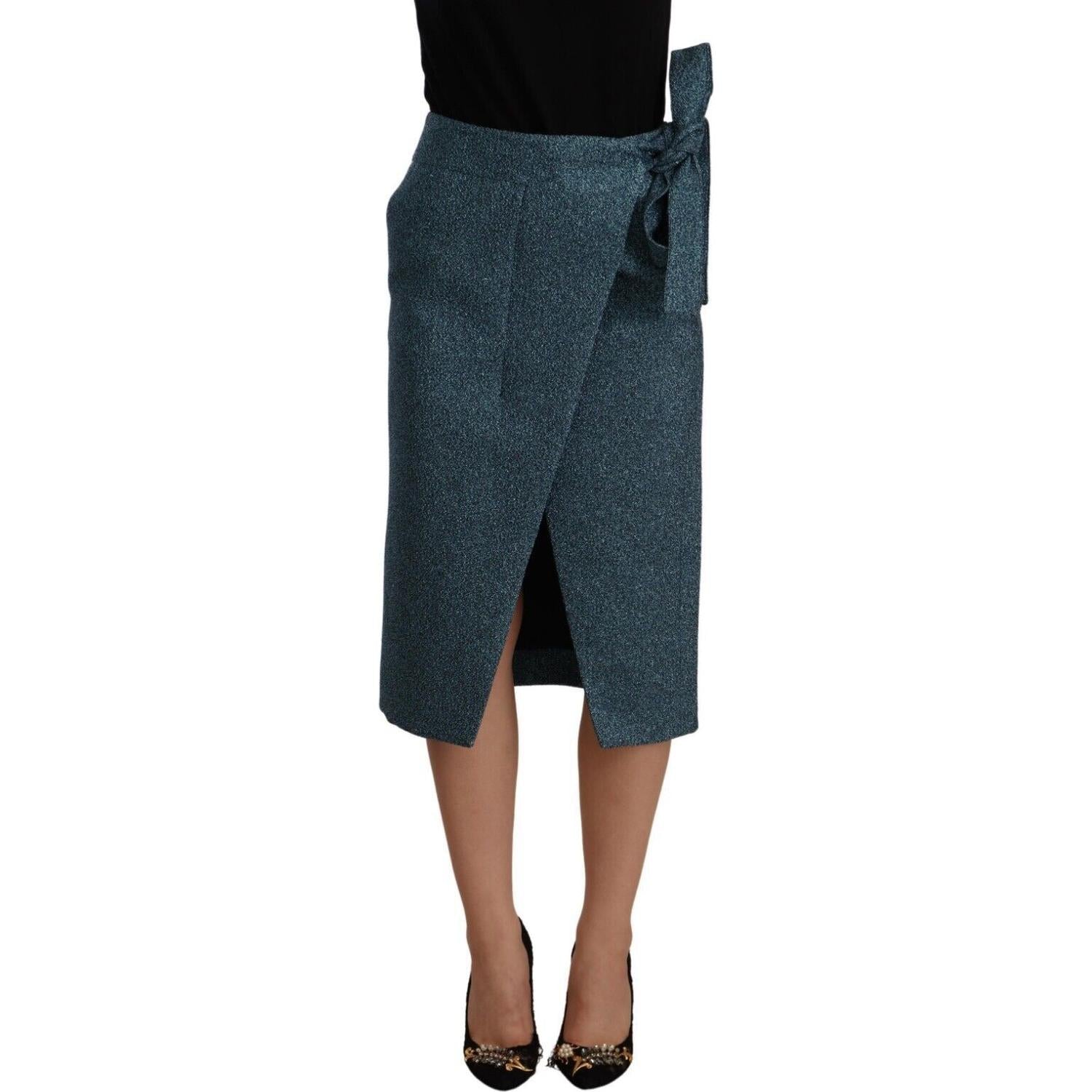 Koonhor Blue High Waist Pencil Straight Wrap Style Skirt