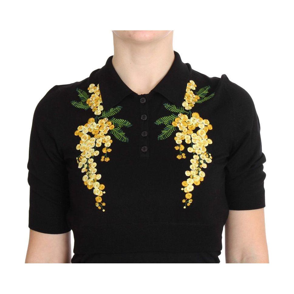 Dolce & Gabbana Black Silk Floral Embroidered Polo Top