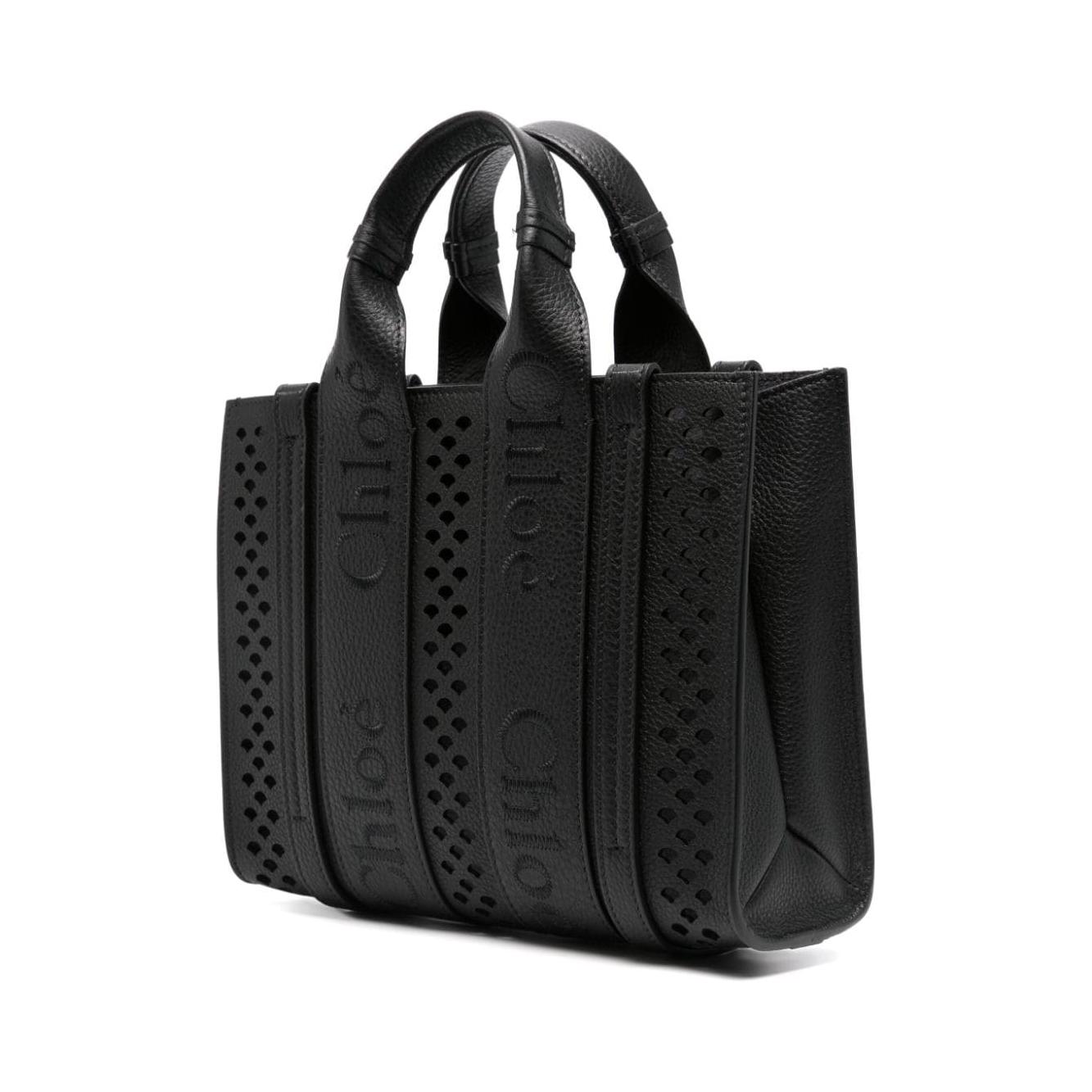 Chloè Black Perforated Leather Grained Small Tote Bag Shopper Chloè