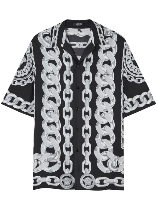 Versace Printed Silk Medusa Chains Bowling Shirt Shirts Versace